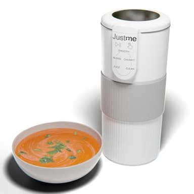 JustMe. The smallest soup maker,the biggest results. Soups maker and smoothie blender. Auto-clean. White. 5 programs. Easy healthy cooking. Lightweight. ideal for students, caravans or cooking for one