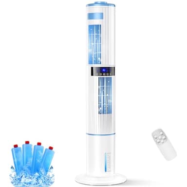 Aptorlty Mobile Air Conditioners, 4 in 1 Tower Fan/Air Purifier/Humidifier/Evaporative Coolers 65W 1-24H Timer 3 Mode 8M/S Wind w/ 4 Ice Box 10M Remote Control Air Conditioning for Home/Bedroom/Office