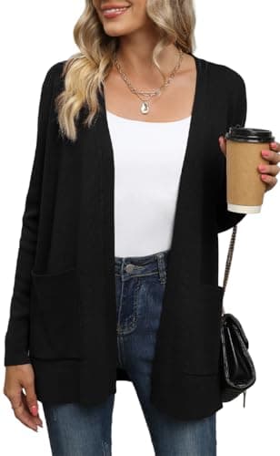 Yommay Cardigan for Women Loose Casual Lightweight Ladies Long Sleeve V-Neck Knitted Sweaters with Pockets,Black,XL