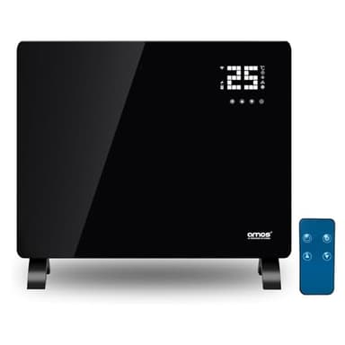 AMOS Electric Glass Panel Heater 1000W Smart WiFi Enabled, Digital Display, Timer & Thermostat Freestanding or Wall Mounted Black