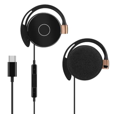 GEEKRIA Wired Clip On Ear Headphones with Mic, USB-C Hook-On Earbuds, Call Control, Lightweight & Hair-Friendly, Compatible with iPhone and Android Devices (Black / 3.9FT)