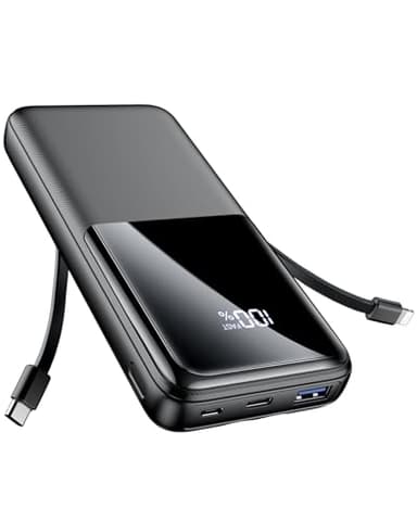 Power Bank Fast Charging, 15000mAh Portable Charger with Built-in Cables, USB-C Powerbank with LED Display & 4 Outputs, Battery Pack Compatible with iPhone 16 15 14 13 Android and more, Black
