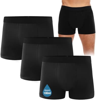 FORVEVO 3 Pack Incontinence Pants for Men, Washable Mens Boxers Shorts with Absorbent Protective Pads, Leakproof Underwear Trunks, Reusable Odor Control for Going Out, Driving, Post-Surgery (Black, M)