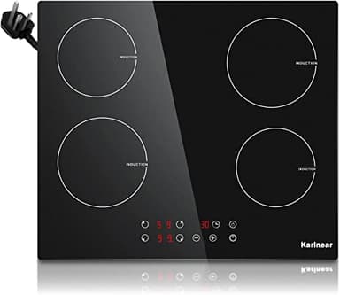 Karinear Plug in Induction Hob, 4 Zones Electric Hob 60cm, with Touch Control 9 Power Level & Child Safety Lock, Timer, Black Crystal Glass