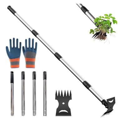 Weed Remover Tool Long Handle 148cm, Long Handled Weed Puller, 2 In 1 Garden Hoes Rake for Weeding, Heavy Duty Weed Control Weeders Picker Accessories for Yard Lawn Patio Garden (with a pair of glove)