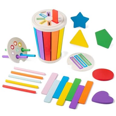 Smartwo Montessori Shape and Colour Sorting Game for Toddlers, Wooden Educational Toys for 1 2 3 years old, Sensory Toys, Fine Motor Skills Learning, Travel Activities for Kids in Airplane and Car