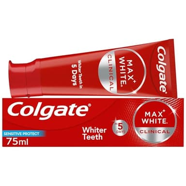Colgate Max White Clinical Sensitive Protect Toothpaste 75ml - Hydrogen Peroxide Teeth whitening Toothpaste - Whiter Teeth in 5 Days - Deeply whitens Stains* - Enamel Safe for Daily use