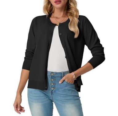 GRECERELLE Womens Summer Soft Cardigans Knit Lightweight Long Sleeve Ladies Black Cardigan Solid Crew Neck Jumper Casual Button Down Sweaters for Women UK，Summer Nights and Dating (Black, M)