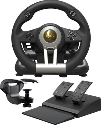 PXN V3 Pro Gaming Steering Wheel with Pedals - 180° Wheel, Vibration Feedback, Integrated-Shifter, Paddle Shifters - Steering Wheel for PC, PS3, PS4, Xbox and Switch - Black