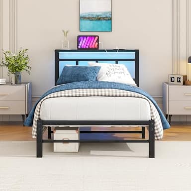 VECOCHO 3ft Single Bed Frame with Storage Headboard&LED Lights,Heavy Duty Metal Platform Bed Frame Single with Charging Station,Mattress Base Strong Slats Support,UnderBed Storage,Easy Assembly,Black