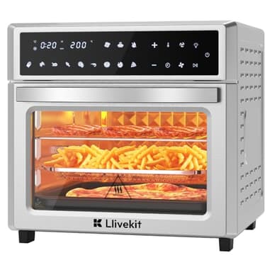 LLIVEKIT 26L Air Fryer Oven with Rotisserie, 12-In-1 LED Display Touch Panel Large XXL Oil Free Electric Oven, Stainless Steel, 1700W-60℃-230℃, 7 Accessories, Silver