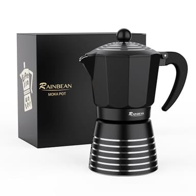RAINBEAN Moka Pot 6 Cup Set Espresso Maker, Steam Italian Stovetop Coffee Makers Percolator, Aluminum Ripple Ring Design, Easy To Use & Clean,Black
