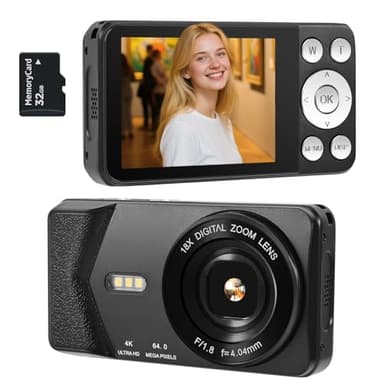 4K UHD Digital Camera, 64MP Autofocus Vlogging Camera 18X Zoom, Compact Digital Point and Shoot Camera with Anti-Shake&Built-in Battery, Small Travel Camera for Adult Beginners Teens, 32GB Card