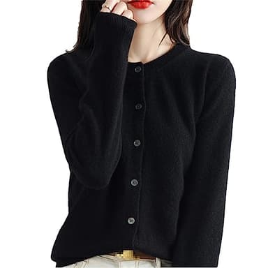 Women's Cashmere Cardigan Round Neck Sweater Spring Autumn Winter Long Sleeve Knitted Solid Color Soft Cardigan Sweater Black M