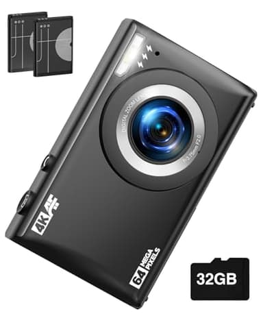 CAMWORLD Digital Camera Cheap, 4K 64MP Autofocus Point and Shoot Camera with 32G SD Card, Compact Vlogging Cameras for Photography with 2 Batteries for Beginners Teens Kids Black