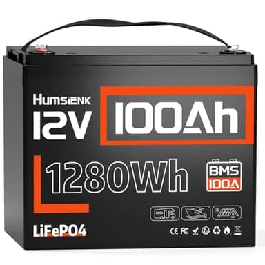 HumsiENK 12V 100Ah LiFePO4 Lithium Battery, Built-in 100A BMS, 6000-15000 Deep Cycles, IP67 Waterproof & Low-Temperature Protection, BCI Group 24 Compact (23.2 lb), for RV, Solar, Marine, Off-Grid