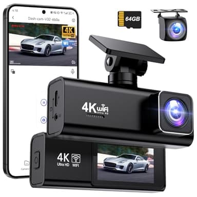 SAVUSCAM Dash Cam 4K + 1080P, WiFi Dash Cam Front and Rear, 64GB SD Card Included, Dual Car Camera Dashcam with Night Vision, WDR, 170° Wide Angle, G-Sensor, App Control, Loop Recording