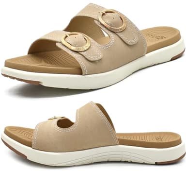 COFACE Womens Orthotic Slides Comfort Plantar Fasciitis Arch Support Slip on Flat Sandals Ladies Soft Cushion Fashion Yoga Mat Sliders with Adjustable Straps, Beige Size 5