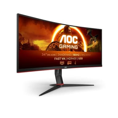 AOC CU34G2XPD/BK 34 inch UW-QHD Gaming Monitor Curved, 180Hz, Fast VA Panel, 1ms MPRT, Adaptive Sync, HDR400, FreeSync Premium, (3440x1440 HDMI 2x 2.0 DP 2x 1.4 USB Hub) Black/Red