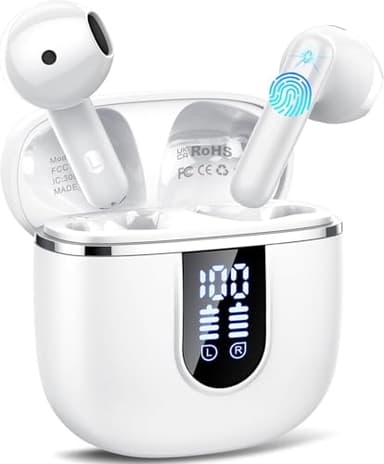 Wireless Earbuds, Bluetooth 5.4 Earphones with HiFi Stereo, Bluetooth Earbuds with 4 ENC Noise Cancelling Mic, 40H Playtime in Ear Earphone, IP7 Waterproof Headphones Lightweight LED Display White