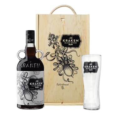 Personalised Kraken Black Spiced Rum Gift Set with Kraken Glass 70cl 40% ABV in Wooden Presentation Box – Dark Spiced Rum Gift for Men Women Birthday Fathers Day UK