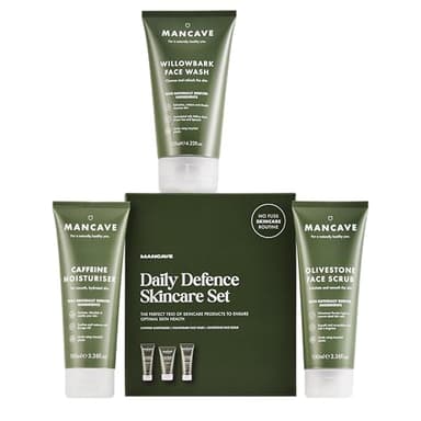 ManCave Daily Defence Skincare Gift Set for Men, Natural & Vegan Face Wash, Face Scrub & Moisturiser. Recycled Packaging, Made in England