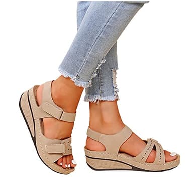 Orthopedic Sandals Women Plantar Fasciitis, Casual Summer ​Soft & Comfortable Wide Fit Orthotic Open Toe Ladies Wedge Sandals Outdoor Anti-Slip Platform Beach Shoes Beige