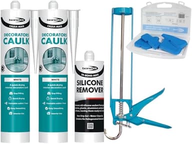 Bond It Decorators Caulk White & Silicone Remover Set – 3 Pack (380ml Each) with Sealant Gun & Silicone Tool Kit | Paintable Interior Flexible Caulk Filler & Non-Drip Gel for Removing Old Sealant