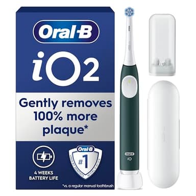 Oral-B iO2 Electric Toothbrush, 1 Gentle Care Toothbrush Head, 1 Travel Case, 1 Travel Refill Holder, Oral B Toothbrush for Adults (Forest Green), Designed by Braun, 2 Pin Plug