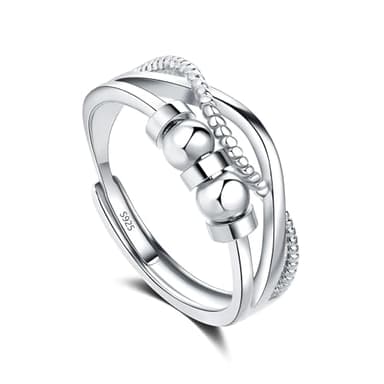 Deyanse Anxiety Ring for Women, 925 Sterling Silver Fidget Ring for Anxiety, Anti-Stress Spinner Thumb Rings with Worry Beads, Adjustable Open Anti-Anxiety Rings, Stress Relief Ring with Jewellery Box