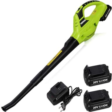bigzzia leaf garden blower with 2 batteries, 90-130MPH-speed modes, 10500RPM leaf blower for lawn care leaf blowing, clear gardens, patios, gutters, griveways, Cordless