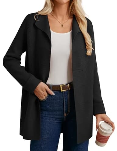 GRACE KARIN Ladies Knit Long Cardigan With Wide Collar Mid Length Sweater Jacket Black M