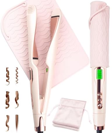 ANGENIL Twist Flat Iron Hair Straightener for Women, 2 in 1 Straightener and Curler, Round Pink Dual Voltage Hair Straighteners with Silicone Heat Resistant Mat, 20S Fast Heating, LCD Display