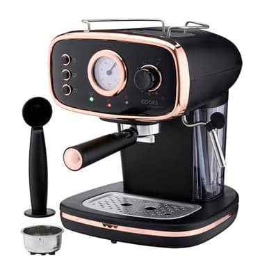 Cooks Professional 15-Bar Retro Espresso Coffee Machine with Frothing Steam Wand, Built-In Temperature Gauge, 1.2L Water Tank & Stainless Steel Drip Tray | Black & Copper