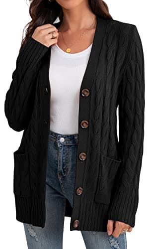 GRECERELLE Women's Knit Long Cardigans Jumpers Cardigan with Pockets with Buttons Ladies Loose Long Sleeve Knitwear Oversized Sweater Cardigan for Autumn Winter Spring (Black, L)