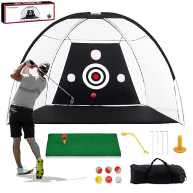 TTCB Sports Golf Net - 10x7FT Practice Net with Turf Golf Mat + Swing Corrector, Indoor/Outdoor Simulator Hitting Net Includes Balls, Tees, Carry Bag, Ideal Golfer Accessories & Gifts for Men