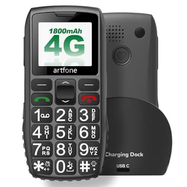 artfone 4G Big Button Mobile Phone for Elderly, Unlocked Senior Mobile Phone -1800mAh Battery, SOS Emergency, USB-C, Extra Loud & HD Voice, Easy to Use - Charging Cradle