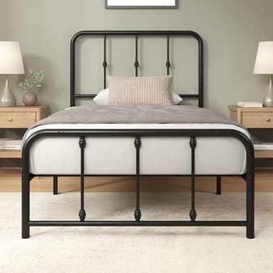 Zinus Florence 3ft Single Bed Frame with Headboard (90 x 190 cm) - 14'' Height - Metal Bed Base with Footboard - Steel Slat Support - Easy Assembly - Black