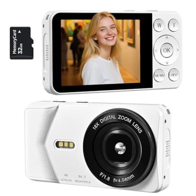 4K UHD Digital Camera, 64MP Autofocus Vlogging Camera 18X Zoom, Compact Digital Point and Shoot Camera with Anti-Shake&Built-in Battery, Small Travel Camera for Adult Beginners Teens, 32GB Card
