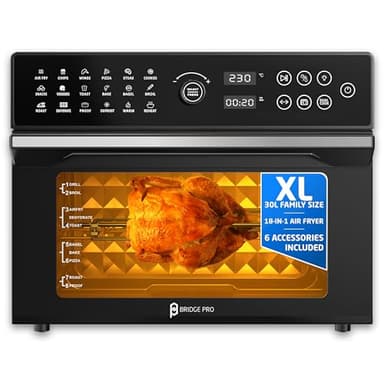 Bridge Pro 30 Litre Air Fryer Oven 1800W with Rotisserie Accessory Set - Extra Large Air Fryer for Family, 20 in 1 Dual Cook, Smart Dial, 360° Hot Air Circulation, Time & Temp Control, Fast Cooking