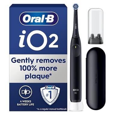 Oral-B iO2 Electric Toothbrush, 1 Gentle Care Toothbrush Head, 1 Travel Case, 1 Travel Refill Holder, Oral B Toothbrush Adults (Night Black), Designed by Braun, 2 Pin Plug