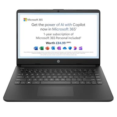 HP Stream 14" Laptop | Intel N4120 Processor | 4 GB RAM | 64 GB eMMC | Intel UHD Graphics | HD Display | Dual Speakers | Microsoft 365 Personal 12 month included | Win 11| Jet Black | 14s-dq0000sa