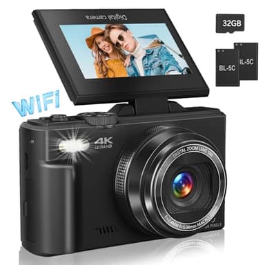 4K Digital Camera for Photography, WiFi 64MP Autofocus Vlogging Camera for YouTube with 3" 180°Flip Screen, 18X Digital Zoom Compact Vlog Travel Camera with 32GB SD Card, Batteries, Black