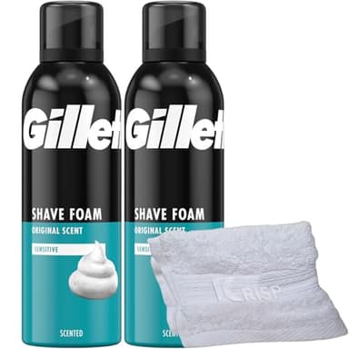 2 x 200ml Men Shaving Foam Mousse Sensitive Skin Face Body Soft Clean With Soft Aftershave KRISP Towel