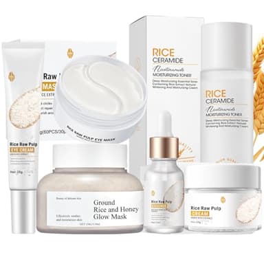 Rice Pure Skin Care Sets & Kits, Glass Skin Care Gift Set, Gentle Skin Cleaning & Care Facial Kit With Mask, Eye Mask, Toner, Essence, Eye Cream and Cream, Korean Skincare, 6PCS