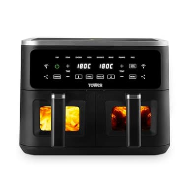 Tower Vortx Vizion 9L Dual Basket Air Fryer with Digital Control Panel, 8 Cooking Pre-sets, Sync Function & Match Cook Function, Shake Reminder, 2400W, Black, T17177