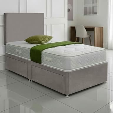 SANA SLEEP Sleek 2FT6 small single Bed with Pocket Sprung Mattress & 2 Drawers | Compact Bedroom Set | Sturdy Frame for Comfort | Chic Divan Design | Modern Spaces Furniture (Grey Plush)
