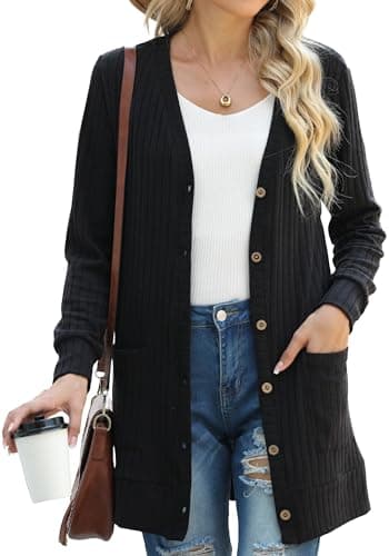 GRECERELLE Womens Cardigan Long Sleeve Open Front Cardigans Button Down V Neck Ribbed Knit Lightweight Outerwear with Pocket (Black, M)