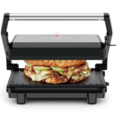 Chefman Panini Press, Indoor Grill and Gourmet Sandwich Maker, Nonstick Plates Open 180 Degrees, Floating Hinge for Thick Bread and Rolls, Stainless-Steel Finish with LED Indicators, 2 Slice - Black