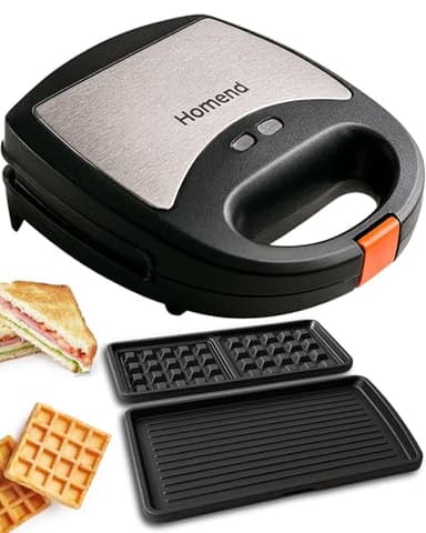 Homend Toastbuster 2-in-1 Panini Press & Waffle Maker, 750W, Non-Stick Removable Plates, Dishwasher-Safe, Compact Vertical Storage, Dual Indicator Lights, Stainless Steel